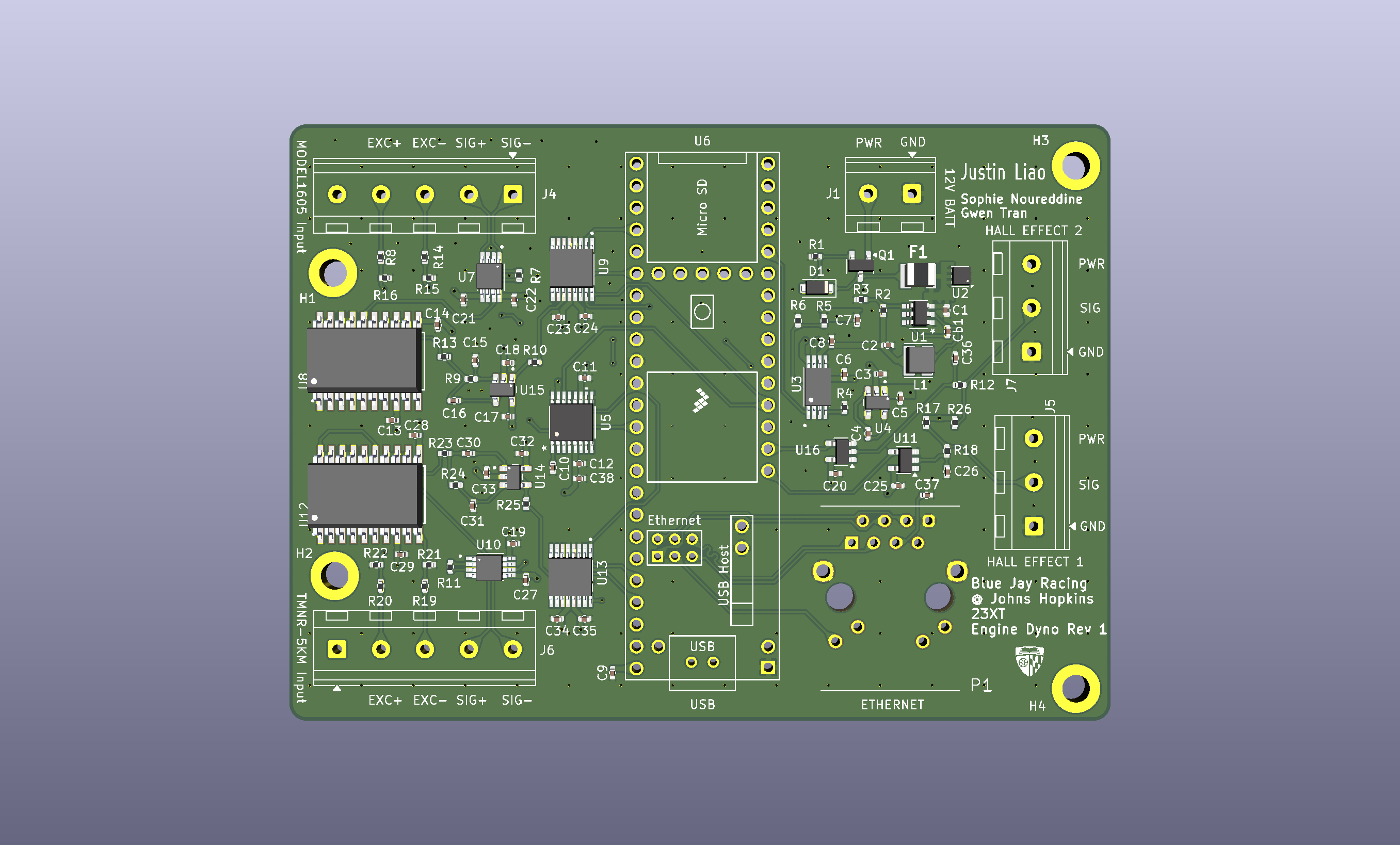 Blue Jay Racing engine dynamometer PCB, revision 1, shown as a 3D render
